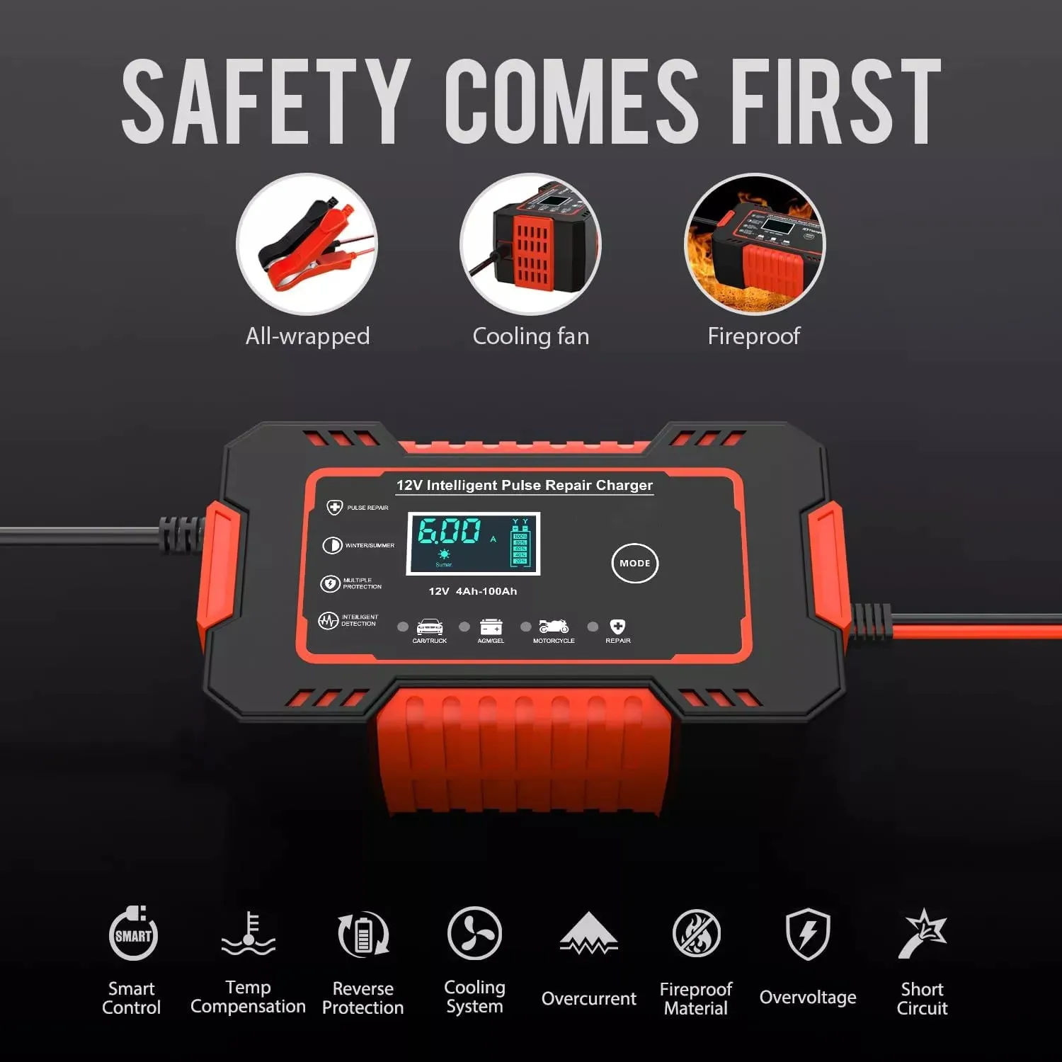 12V Automatic Battery Charger with Digital Display - Power Pulse Repair for Wet & Dry Lead Acid Batteries