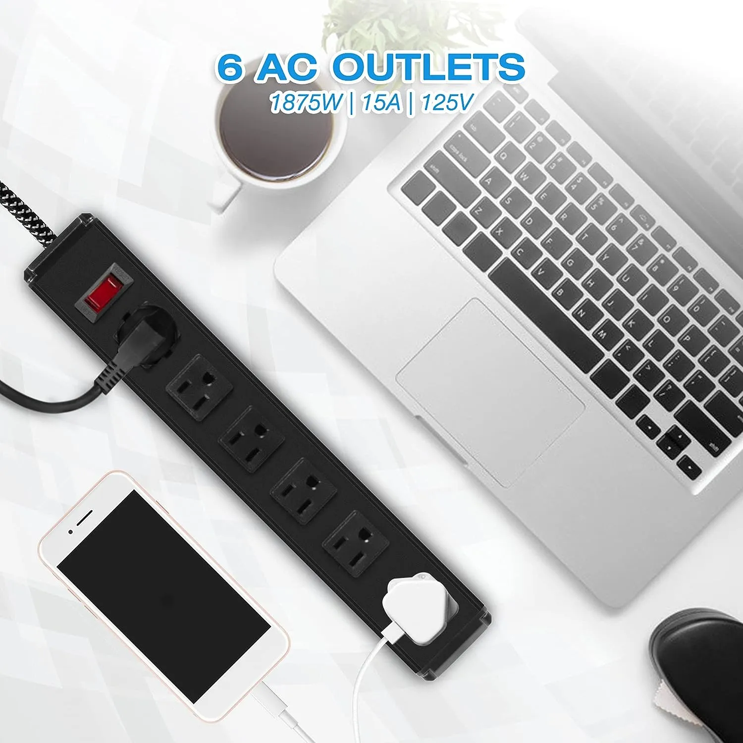 E-Macht Surge Protector Power Strip with Outlets and USB Charging Ports 6-Foot Cord for Home, Office -Black (2, 6 outlets)